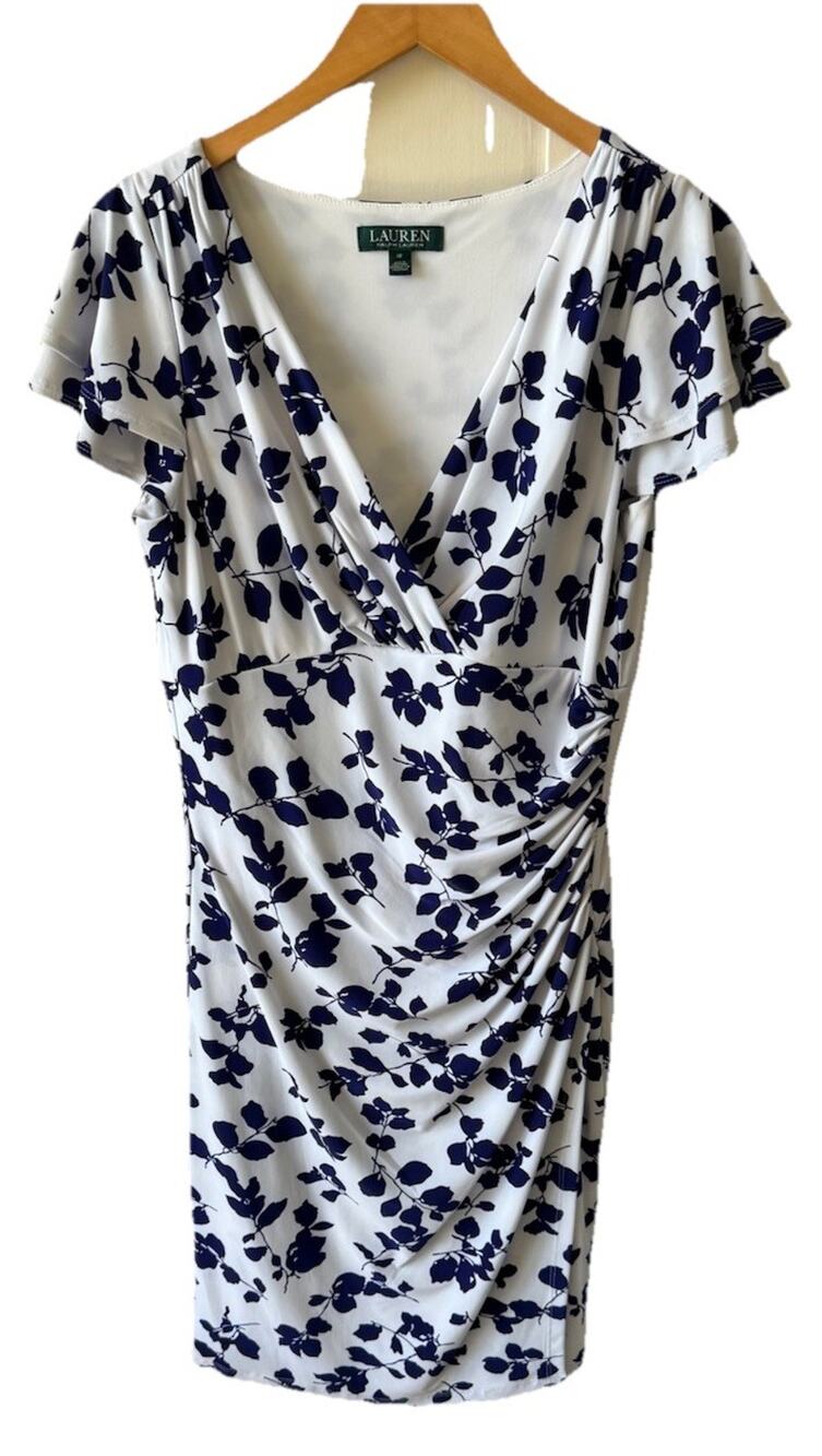 LAUREN RALPH LAUREN Women’s 12 Blue White Floral Ruched Faux Wrap Sheath Dress